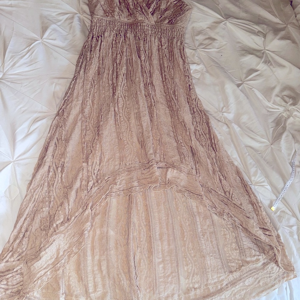 Dressbarn Tan Bohemian High Low Tiered Lace Sundress Size 8 - Picture 6 of 14